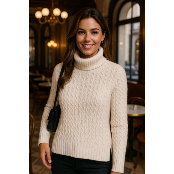 J.Crew Cable Knit Turtleneck Sweater White Preppy Classic M Merino Wool Cozy Ski - Picture 1 of 6